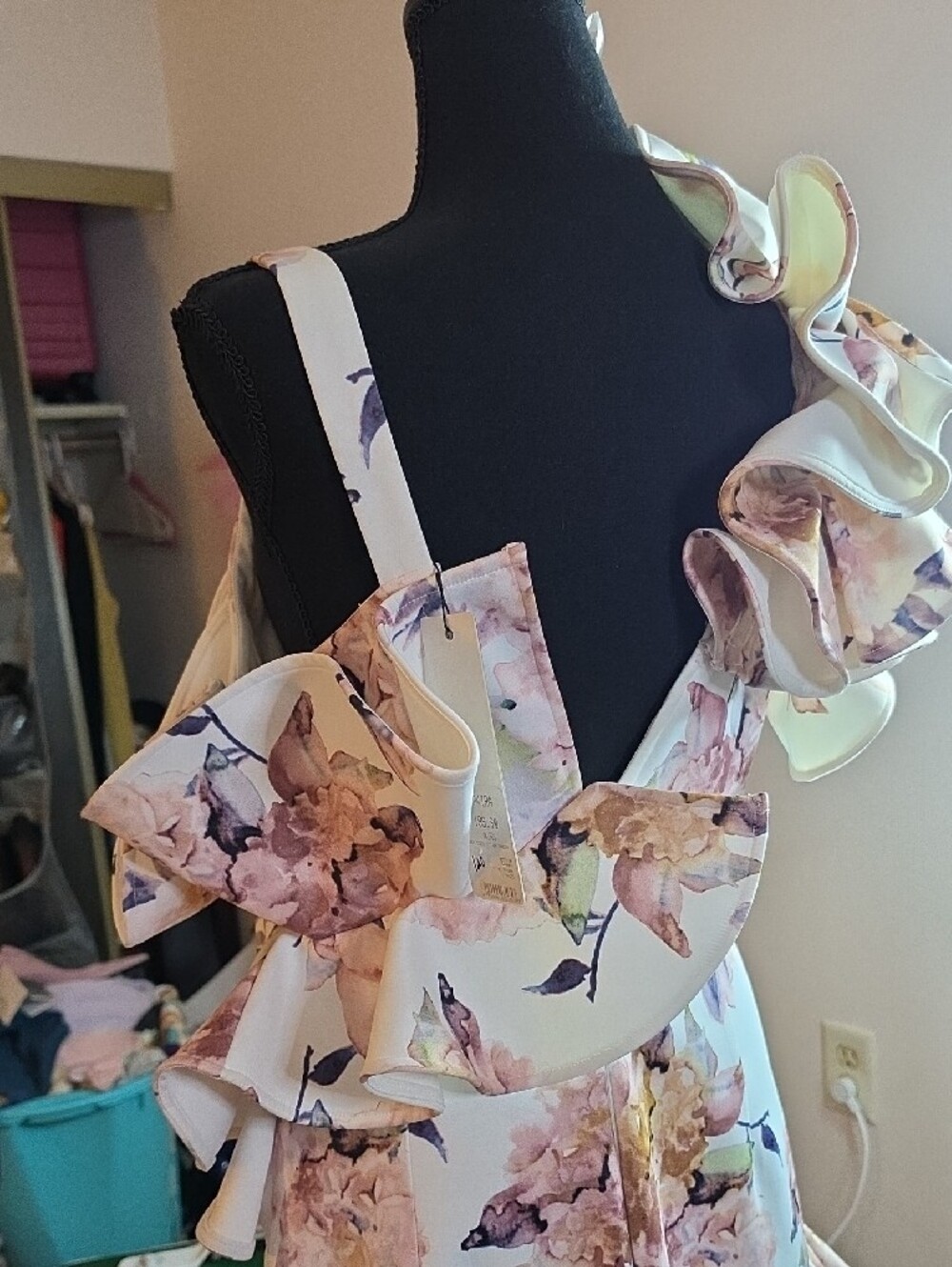 One-Shoulder Floral Ruffle Mini Dress - Blush Pink - Picture 8 of 13